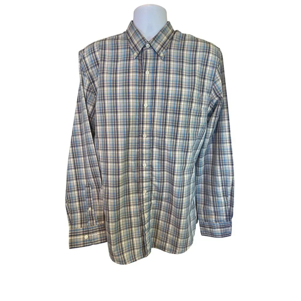 Saddlebred Plaid Button Up Shirt L Blue Tan Classic Y2K Workwear Casual Preppy